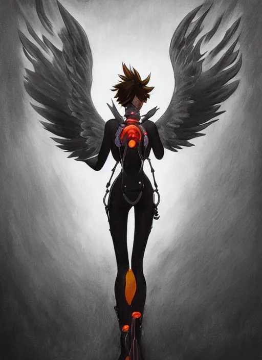 Image similar to full body artwork of tracer overwatch wearing leather collar in style of zdzisław beksinski, angel wings, dramatic painting, symmetrical composition, wearing detailed leather collar, black shiny armor, chains, black harness, detailed face and eyes,