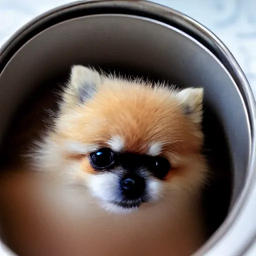 Prompt: extremely tiny pomeranian in a mug