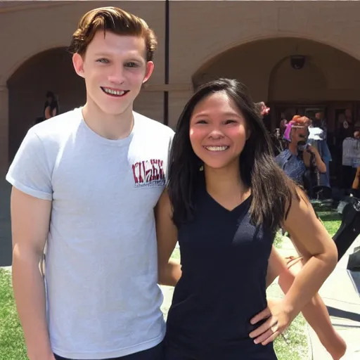 Prompt: Tom Holland at Chapman University with a Filipina college girl