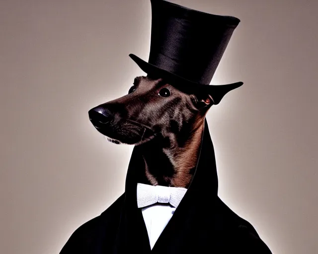 Image similar to greyhound wearing a black cloak and a top hat under a spotlight, magician dog