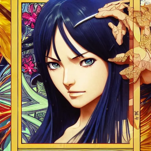 Image similar to highly detailed vfx portrait of nico robin by eiichiro oda, makoto shinkai, alphonse mucha, sharp focus, art by artgerm and greg rutkowski!, backlit, harsh overhead sunlight, blue eyes, stanley kybric, kaoru mori, pixiv, fanbox,