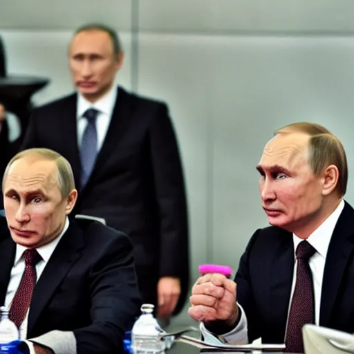 Image similar to angry vladimir zalenskiy sit infront of vladimir putin.