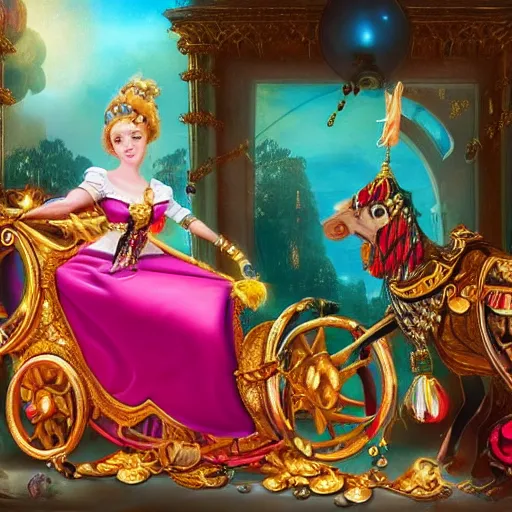 Prompt: The colorful and funny ancient beast drags a fancy cart made of gold with precious stones. In the cart sits a sweet girl with a fancy dress. Charming cinematic scene in a Baroque style. Beautiful colors and lighting.