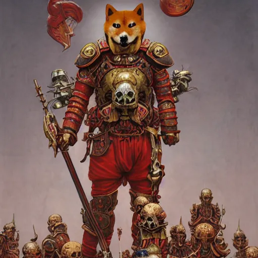 Image similar to anthropomorphic shiba inu, red metal skullknight armor, standing, cementary of skulls, fantasy 3 d render, masterpiece, red aura, by donato giancola and greg rutkowski and wayne barlow and zdzisław beksinski, realistic face