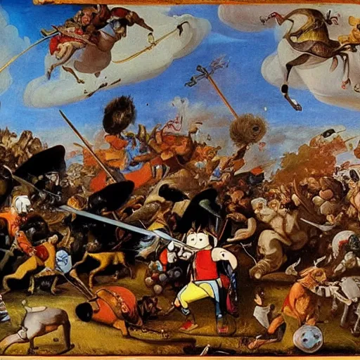 Prompt: “ adventure time, cartoon epic battle scene, 1 7 th century battle painting by diego velazquez ”