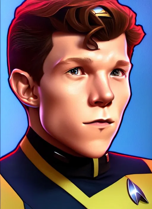 Prompt: cute star trek officer tom holland, natural lighting, path traced, highly detailed, high quality, digital painting, by don bluth and ross tran and studio ghibli and alphonse mucha, artgerm