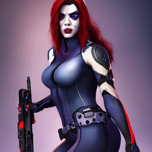 Image similar to scarlet johanson as widowmaker from overwatch, realistic, 4 k, coherent