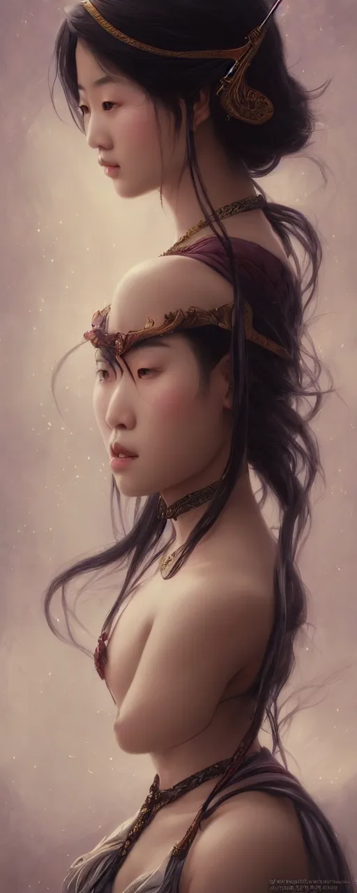 Image similar to beautiful Asian girl 3/4 profile portrait, dark fantasy esoteric , closeup, D&D, fantasy, intricate, elegant, highly detailed, digital painting, artstation, concept art, matte, sharp focus, illustration, art by Artgerm and Tom Bagshaw and Greg Rutkowski and Alphonse Mucha