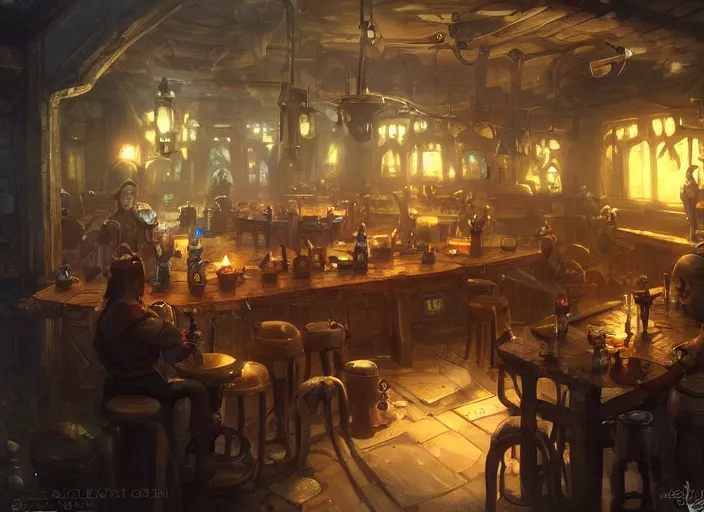 Image similar to A gnomish steampunk tavern, by Greg Rutkowski and James Gurney, trending on Artstation