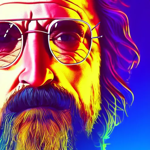 Image similar to a colorful closeup portrait of the dude from the big lebowski. he holds all the wisdom of the world in his eyes. dreamy vibes floating head and dreaming psychedelic hair. halo behind his head. trending on artstation. intricate detail. hyperrealistic 8 k. flat design