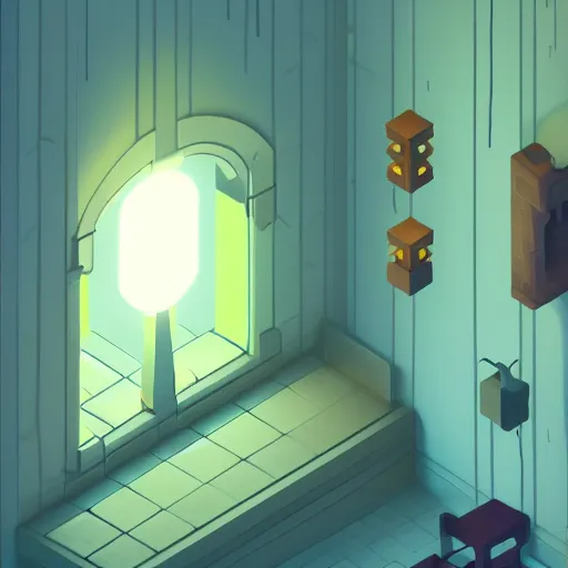 Prompt: a tree in front of a window with a light coming out of it, a screenshot from monument valley 2 by paul kelpe, pixiv contest winner, cubo - futurism, 2 d game art, isometric