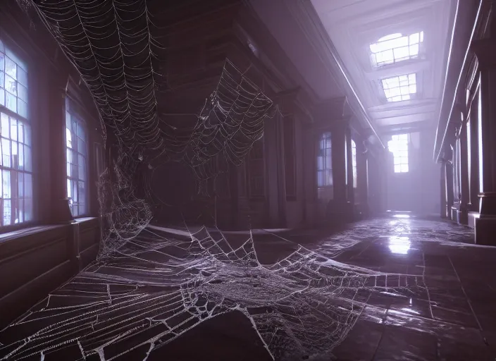 Prompt: large spider web infested hallway in destiny 2, liminal, dark, dystopian, abandoned, highly detailed 4 k 6 0 fps in - game destiny 2 gameplay screenshot leak