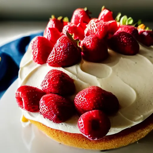 Image similar to A photo of a cake from the side with cream on the sides and strawberries, raspberries and blueberries in circles on top. Sun in back. 4K. Cinematic lighting. High detail. Realistic. Delicious