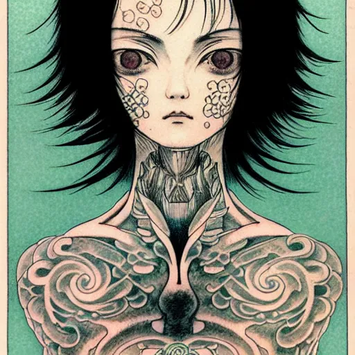 Image similar to prompt: Fragile looking character soft light portrait face drawn by Takato Yamamoto and Katsuhiro Otomo, tattooed face, inspired by Akira 1988 anime, alchemical objects on the side, soft light, intricate detail, intricate gouache painting detail, sharp high detail, manga and anime 2010