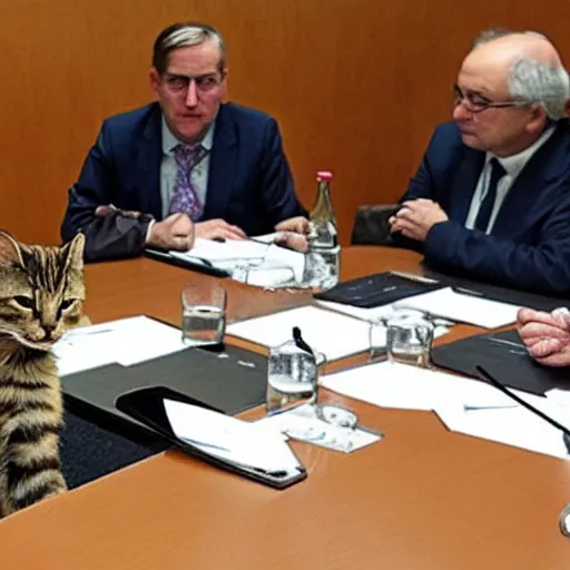 Prompt: a picture of a meeting with senior un officials, but they are cats