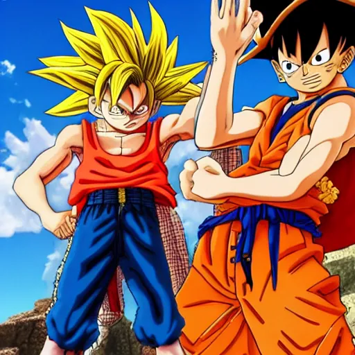 Prompt: luffy dapping up goku in the hood, hyper realistic, 4 k, ultra detailed, intricate, octane render, award winning, magazine spread,