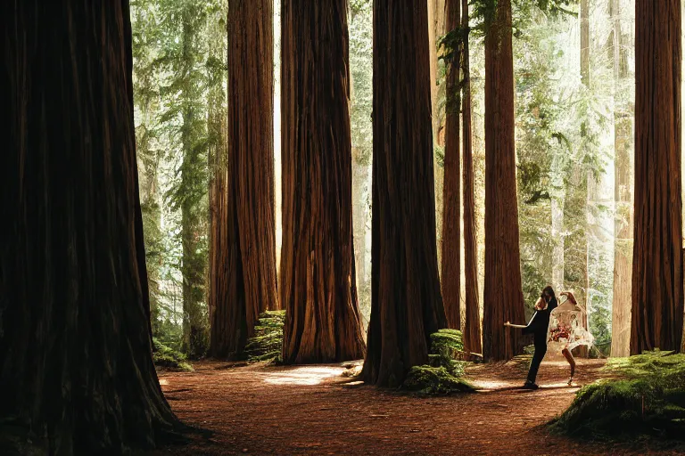 Image similar to cinematography closeup portrait of couple dancing in the redwood forest, thin flowing fabric, natural light by Emmanuel Lubezki