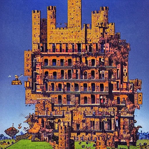 Prompt: by ralph steadman defined, improvisational babylonian, tetris. a beautiful print of a castle in the clouds.