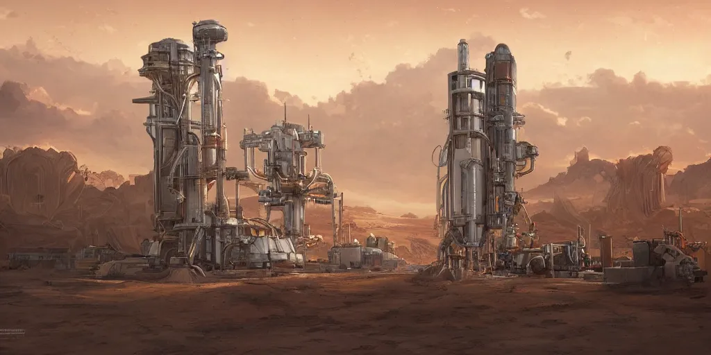Image similar to anime spaceport rocket launch site in desert steampunk key by greg rutkowski ultrahd fantastic details