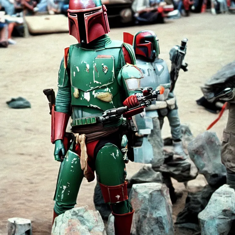 Image similar to photo of boba fett at woodstock, 1 9 6 9, 3 5 mm film, fuji velvia