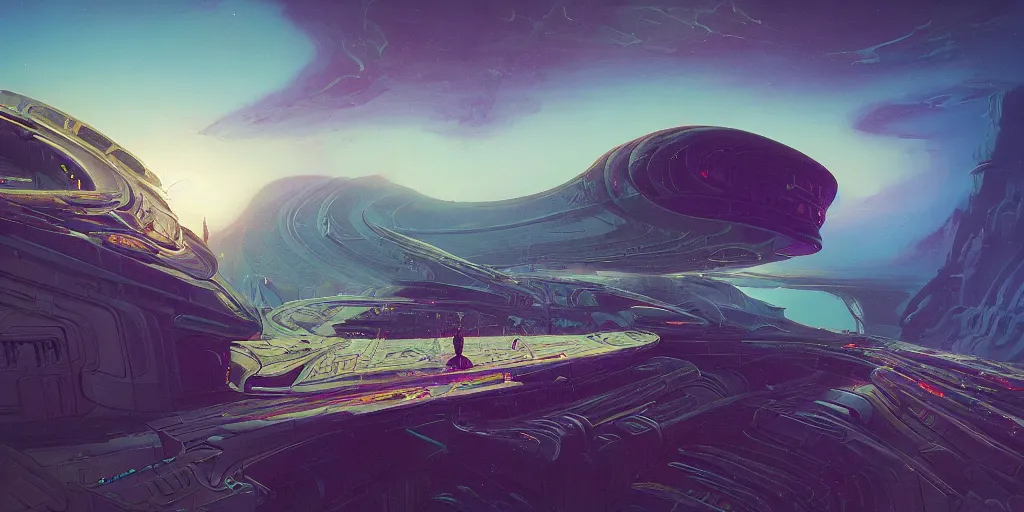 Image similar to look on my works ye mighty and despair, a highly detailed cinematic oil painting by roger dean and alena aenami, crashed spaceship!!, dynamic lighting