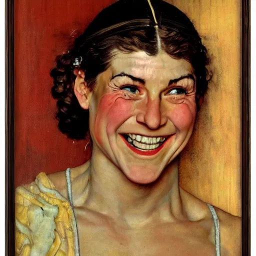 Prompt: Frontal painting of the face of a muscular and happy priestess. A painting by Norman Rockwell.