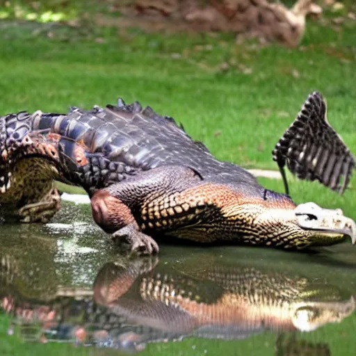 Image similar to hawk and alligator mutant animal,realistic, picture taken in zoo