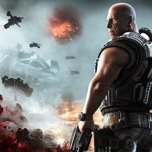 Image similar to Bruce Willis as a gears of war 4 videogame character, undertailed, 8k render,