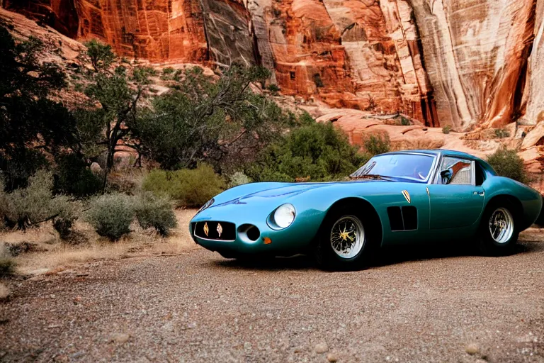 Image similar to cinematography Ferrari 250 GTO series 2 in Zion national park by Emmanuel Lubezki