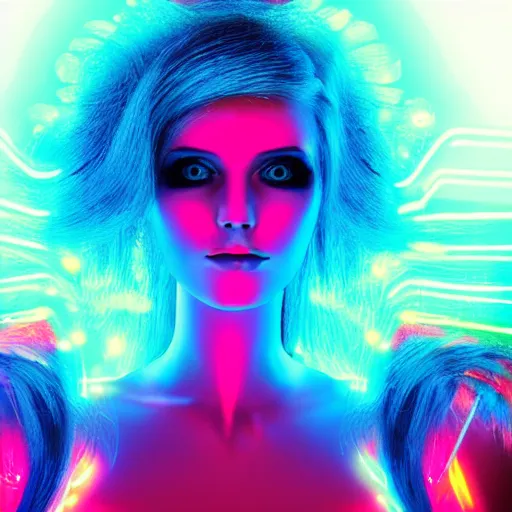 Image similar to electronic robot girl with glowing fiber optic hair and luminous eyes containing galaxies