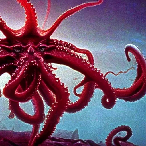 Image similar to the anti - christ rising from a red ocean with slimy tentacles. color detailed photograph from a 1 9 9 0 s horror movie.