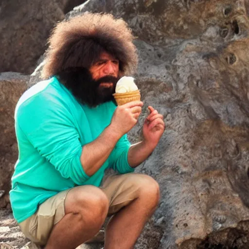 Prompt: photo of a neanderthal caveman eating ice cream