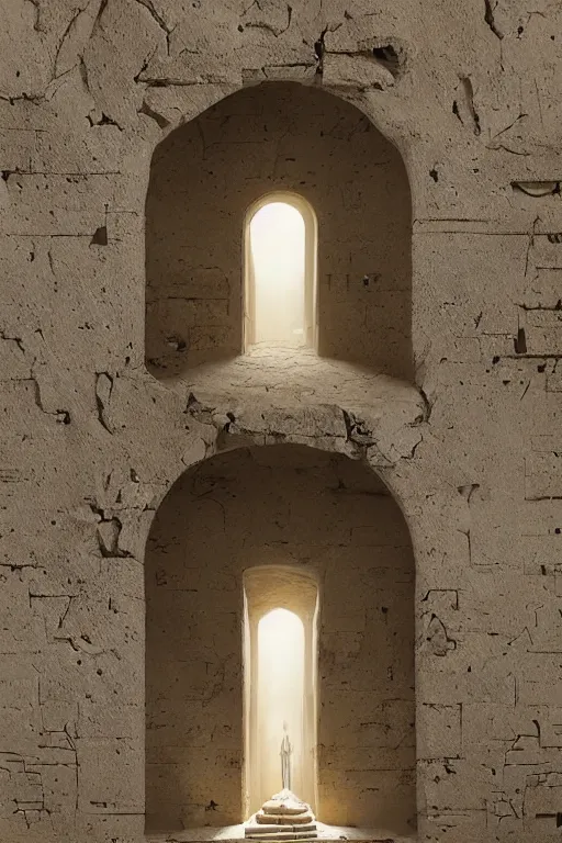 Image similar to a doorway in a stone building with a light coming through it, a marble sculpture by matthias jung, ahmed karahisari and daniel merriam, dartksynth egyptian art, featured on pinterest, gothic art, marble sculpture, reimagined by industrial light and magic, intricate