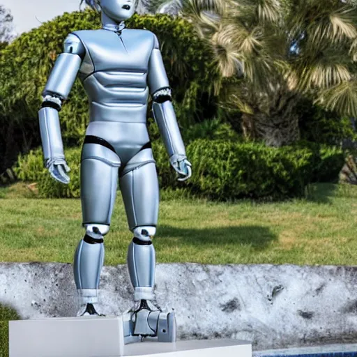 Image similar to a realistic detailed photo of a guy who is an attractive humanoid who is half robot and half humanoid, who is a male android, wrestler bo nickal, shiny skin, posing like a statue, blank stare, by the pool, on display, showing off his muscles, humanoid robot, frozen ice statue