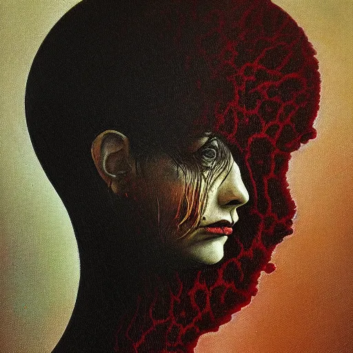 Image similar to dramatic portrait painting of woman with black mandelbrot fractal instead of face, in style of zdzisław beksinski, horror, body horror, dark, disturbing,