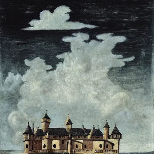 Prompt: A beautiful experimental art of a castle in the clouds. dark by Sofonisba Anguissola angular