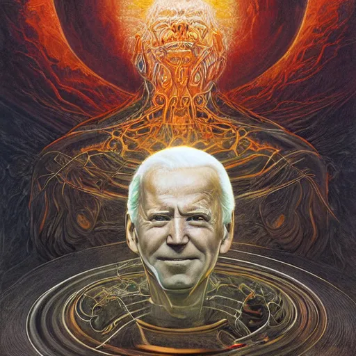 Prompt: portrait of immense, majestic, surreal, terrifying joe biden emerging from the cosmic egg, perfectly clear face, by j. c. leyendecker, alex grey, anato finnstark, bosch, and beksinski