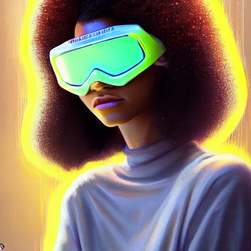 Image similar to zendaya wearing opaque reflective goggles profile picture by Greg Rutkowski, brown skin, very long afro hair, asymmetrical, futuristic, neon volumetric lights, cool colors, streetwear, studio ghibli, Organic Painting , Matte Painting, geometric shapes, hard edges, street art, trending on the artstation, fantasy LUT, realistic by Sachin Teng + Martin Grip + Moebius, techwear, Industrial Scifi, detailed illustration, character portrait,