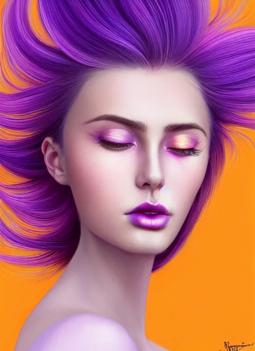 Image similar to Portrait of a woman with bright colored flying hair, all shades of purple. Hair coloring, beautiful lips and makeup. Hair fluttering in the wind, amber eyes, face, long hair, fantasy, intricate, elegant, highly detailed, digital painting, artstation, concept art, smooth, sharp focus, illustration, art by artgerm and greg rutkowski and alphonse mucha