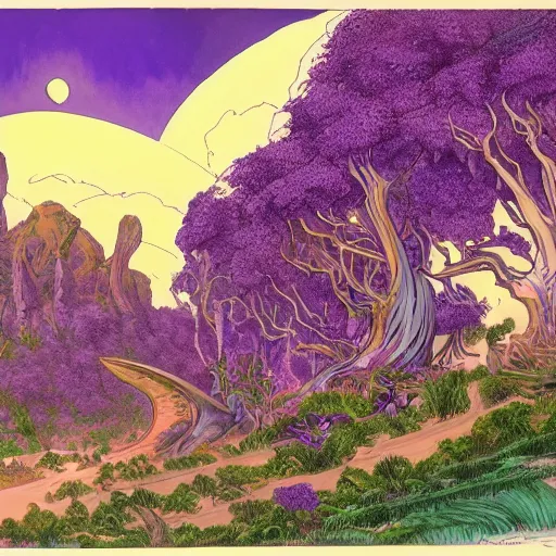 Prompt: The Purple People Eater :: extremely detailed landscape :: concept art by Don Bluth :: a masterpiece by Alan Davis ::