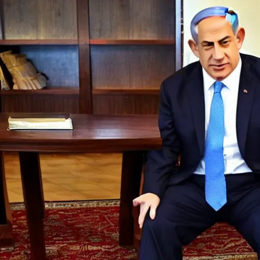 Prompt: low angle shot of benjamin netanyahu showing off his feet, sharp focus, highly detailed, leaked image