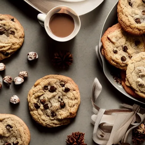 Image similar to cookies and hot chocolate, food photography, cozy