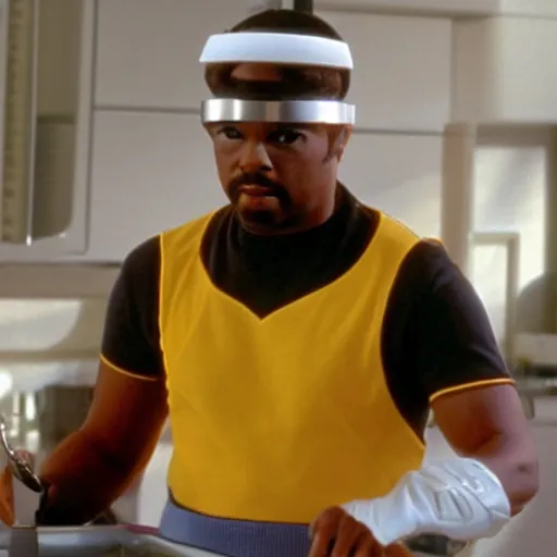 Image similar to Geordi La Forge wearing visor and a colander and random kitchen tools on his head