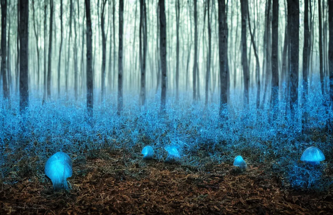 Image similar to blue forest, glowing mushrooms, sigma lens, strong bokeh, photography, highly detailed, 8 5 mm, f / 1. 3, fog, dusk