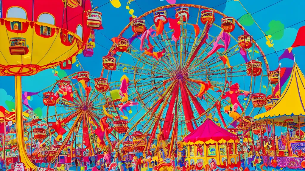 Image similar to carnival town, the horror carnival drawn in the style of a children's book. ferris wheel, circus tent, and carousel. disney style. cutesy, fun, and bright. color harmony, 8 k detail, gallery quality, hd wallpaper, premium prints available, hyper - detailed, intricate design.