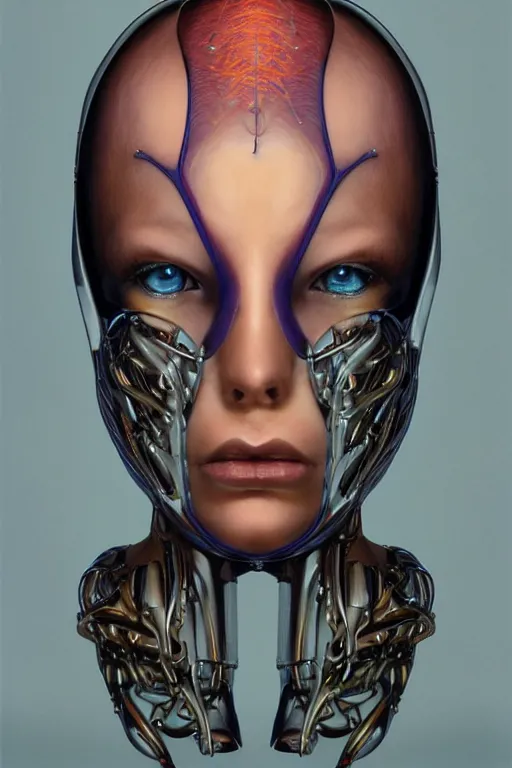 Image similar to organic cyborg head wrapped in silk by Hajime Sorayama and Jamie Coreth, trending on artstation, centered, symmetrical, electric hair, bilateral symmetry, 80s poster, polished, thick smoke, retro dark vintage sci-fi, 2D matte illustration