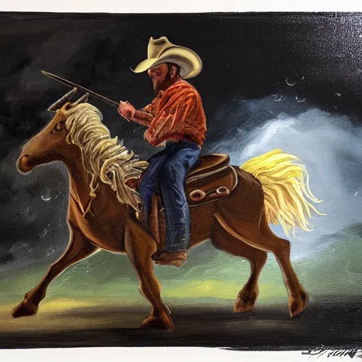 Image similar to a painting of a cowboy riding a unicorn.