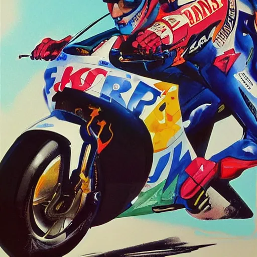 Prompt: photorealistic picture, by bob peak and alex ross, moto gp ads in 1 9 9 0 s, gouache and wash paints, fine details, fine intricate, fine facial proportionate, fine body proportionate, fine posse proportionate, smooth sharp focus, sharp focus