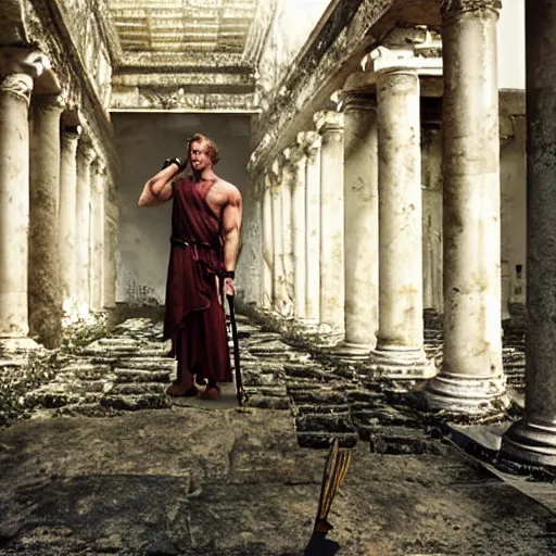 Image similar to Achilles holding a spear, standing in ruins, fallen columns, tom chambers photography