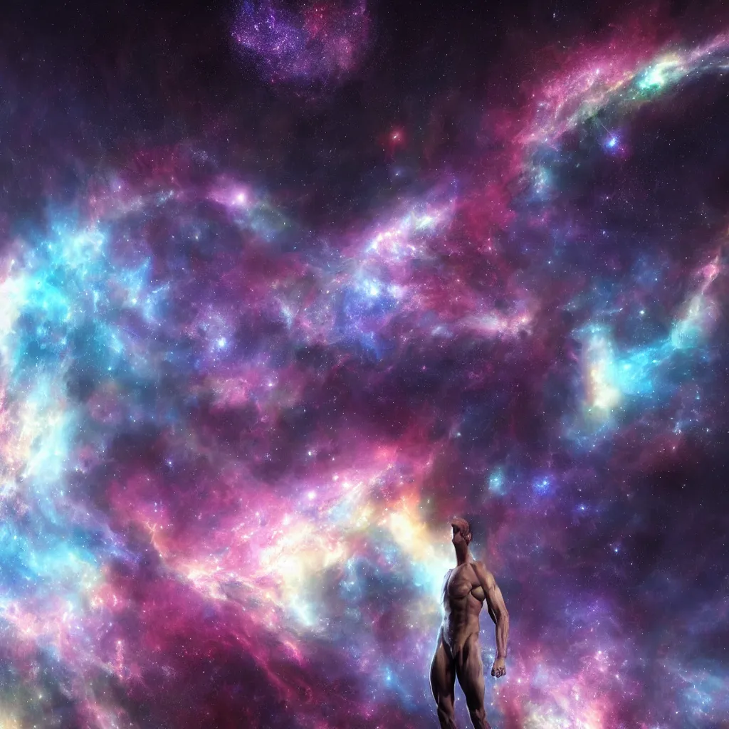 Image similar to cosmic mega giga chad, nebula in background,, details face, detailed body, unreal engine, by popular digital artist, digital, artstation, detailed body muscle, many muscle, heavenly atmosphere, digital art, overdetailed art, trending on artstation, cgstudio, the most beautiful image ever created, dramatic, award winning artwork, beautiful scenery